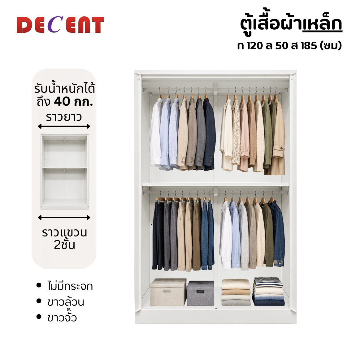 ตู้เสื้อผ้าเหล็ก บานเปิด 2 ประตู DECENT ลาย MOCHI 120ซม สีขาว_2